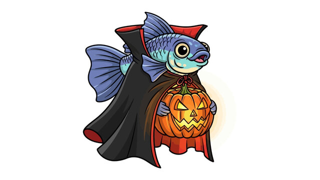 Halloween Fish Illustration: An animated illustration captures a whimsical, cartoonish fish costumed for Halloween, holding a glowing jack-o'-lantern. 