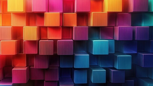 Abstract 3D cubes arranged in a grid with vibrant gradient colors transitioning from warm reds and oranges to cool blues and purples, creating a dynamic and futuristic visual effect