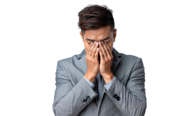 Businessman covering his face with his hands, expressing stress, worry, and fatigue