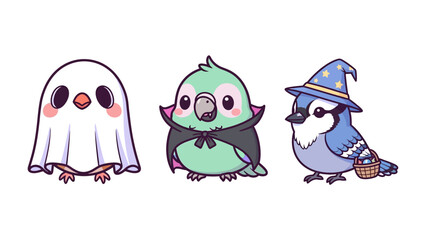Spooky Birds' Gathering: In a charming display of seasonal delight, three cute birds dressed in Halloween costumes pose with endearing expressions, setting the stage for an enchanting spooky season.