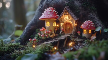Fototapeta premium A whimsical fairy tale cottage nestled among vibrant mushrooms. Soft lights illuminate this enchanting scene. Nature meets fantasy in perfect harmony. Generative AI