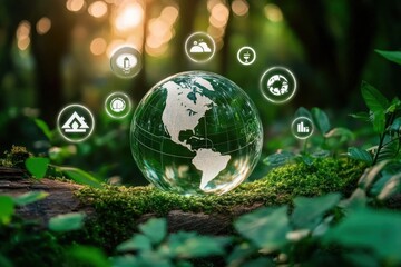 Transparent glass globe showing Americas placed on moss in forest with glowing environmental and sustainability icons floating around, symbolizing earth care and green energy