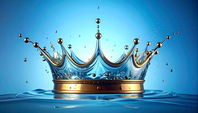Water splash shaped like a regal crown with suspended droplets and golden tips, emerging from rippling surface against blue gradient background, blending fluid elegance with symbolic royalty.