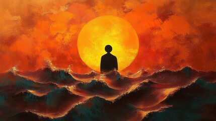 silhouette of a person standing in dark turbulent ocean waves with a large glowing yellow sun and fiery orange sky in the background expressing solitude and contemplation