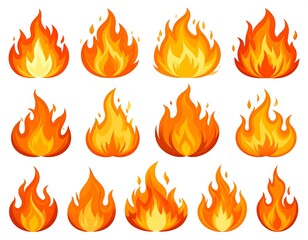 Collection of cartoon fire flames.  Various flame styles, bright colors