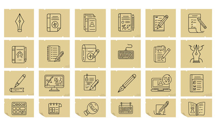 A collection of 25 vintage-style line art icons representing various aspects of writing, education, and business processes.