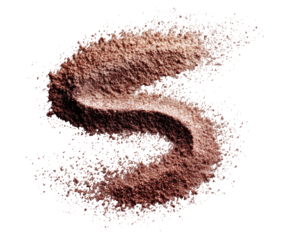 Abstract, textured, dusty rose, powder-like substance forming a swirling S shape against a transparent background