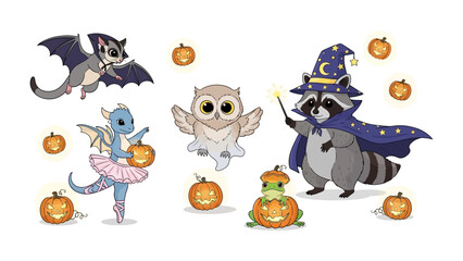 Whimsical Halloween Animals: A charming illustration featuring adorable animals costumed for Halloween, creating a playful and enchanting scene with a touch of spookiness. 