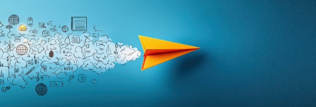 Yellow paper airplane flying through a blue sky with drawn sketches and symbols representing ideas and communication trailing behind