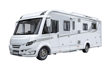 Modern RV motorhome camper van with solar panels side view isolated on transparent background, luxury travel vehicle illustration

