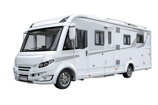 Modern RV motorhome camper van with solar panels side view isolated on transparent background, luxury travel vehicle illustration

