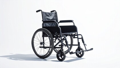 Fototapeta premium Standard manual wheelchair with metal frame, large rear wheels, small front casters, dark fabric seat, armrests, and footrests, isolated on white background, showcasing assistive mobility design.