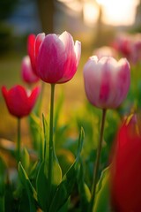 A vibrant field of tulips in shades of pink and white, bathed in warm sunlight, creating a serene and picturesque floral scene.