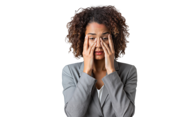 Stressed businesswoman rubs her tired eyes, expressing fatigue and worry about work