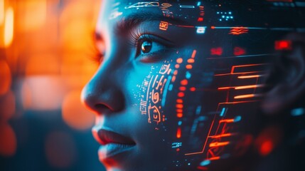 An ethereal portrait of a young woman with digital patterns illuminating her face. A blend of technology and art creates a captivating experience. Generative AI.