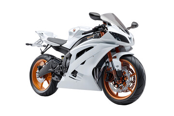 Modern white sports motorcycle with orange wheels side view isolated on transparent background, fast racing bike illustration


