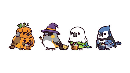 Spooky avian gathering: A delightful array of cartoon birds, each adorned in charming halloween attire, stand poised to gather their treasures in this cheerful, handcrafted, artistic illustration.