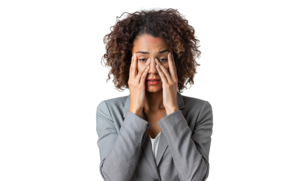 Stressed businesswoman rubs her tired eyes, expressing fatigue and worry about work
