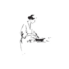 Black and White Illustration of Beautiful Woman Cooking in the Kitchen Minimalist Elegant Artwork Design
