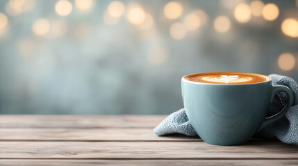 Obraz premium Cozy cup of latte with heart shaped foam art on wooden table and soft fabric, warm bokeh lights creating relaxing atmosphere
