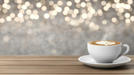 Obraz premium Steaming cup of latte with heart shaped latte art on wooden table, set against warm bokeh light background creating cozy atmosphere