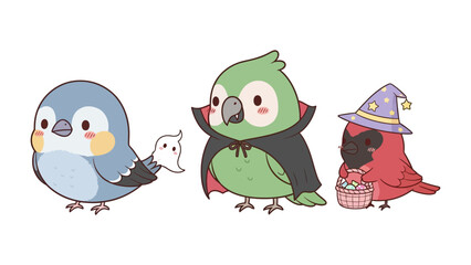 Costumed Critters: A charming trio of cartoon birds dressed in playful Halloween attire, perfect for sparking joy and creativity.