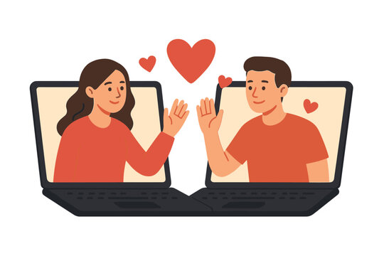 Virtual online dating couple video call connection, romantic quarantine love concept with hearts, digital communication, long distance relationship, Valentine's Day illustration