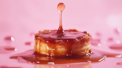 Delicious dessert sits on a pink background. A drop of syrup cascades down. Perfect for food blogs and culinary art. Tempting and sweet. Generative AI