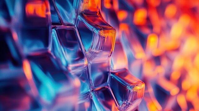 Close-up of translucent geometric shapes with vibrant blue and orange lighting creating an abstract and futuristic visual effect