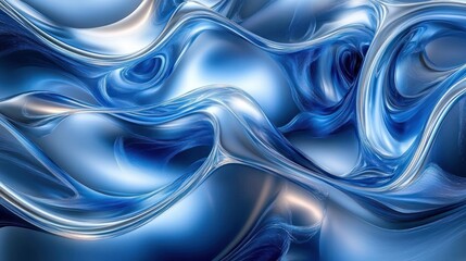 Smooth flowing abstract metallic liquid shapes with reflective blue and silver tones creating a dynamic and fluid motion effect