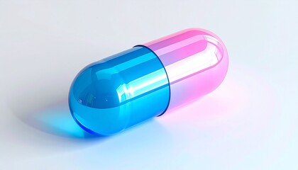 Glossy capsule-shaped pill with blue and pink halves, placed on smooth light surface under soft lighting, isolated on white background, symbolizing pharmaceutical treatment and health care.