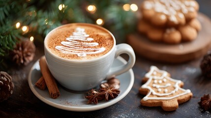 Christmas coffee cup with festive tree design in milk foam served with holiday cookies, cinnamon sticks, star anise and glowing lights for cozy seasonal celebration