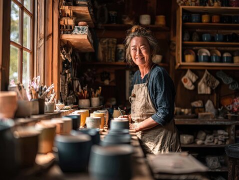 Woman arranging handmade ceramic mugs on wooden shelves family owned crafts shop