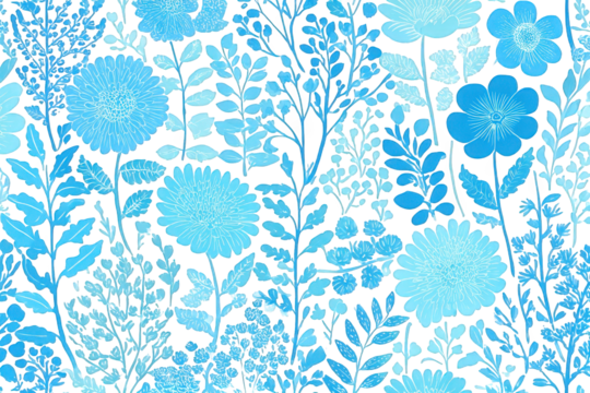 Intricate Floral Silhouettes in Cyan Blue Gradient on Black Backdrop Seamless Pattern Design for Textiles and Wallpaper Abstract Botanical Arrangement with Detailed Leaves and Floral Elements
