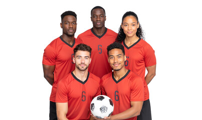 Diverse team of five football or soccer players in red jerseys with numbers, holding a soccer ball