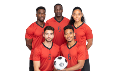 Diverse team of five football or soccer players in red jerseys with numbers, holding a soccer ball