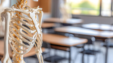 Educational skeleton model displayed in an anatomy classroom with empty desks and bright sunlight