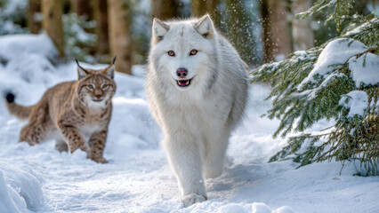 Obraz premium Majestic arctic wolf encounters inquisitive lynx in a snowy forest at dawn