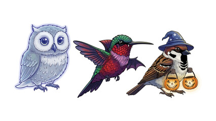 A Trio of Avian Illustrations: Featuring charming illustrations of an owl, hummingbird, and sparrow in a variety of styles, these images are perfect for adding a touch of whimsy.