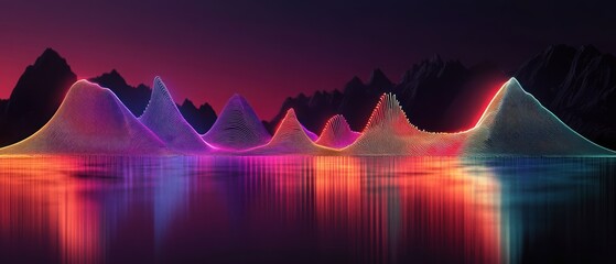 Colorful neon light waves forming abstract mountain-like shapes above reflective water with dark jagged mountain silhouette background under twilight sky