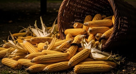 A tipped-over wicker basket spills a harvest of ripe corn cobs onto the grass in a rustic, autumnal scene.