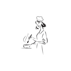 Black and White Illustration of Beautiful Woman Cooking in the Kitchen Minimalist Elegant Artwork Design

