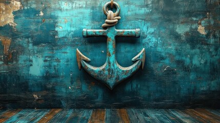 rusty vintage metal anchor hanging on textured weathered turquoise wall above wooden floor with peeling paint