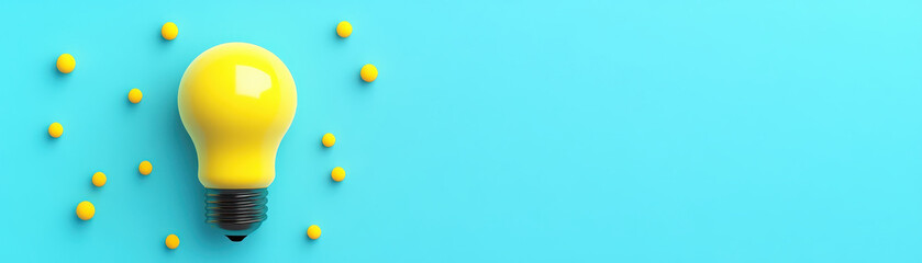 Creative rendering of floating yellow light bulb surrounded by small yellow spheres on bright blue background, symbolizing innovation and ideas