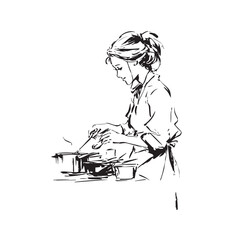 Black and White Illustration of Beautiful Woman Cooking in the Kitchen Minimalist Elegant Artwork Design
