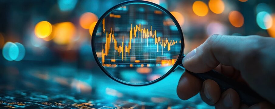 Hand holding magnifying glass focusing on digital stock market graph with fluctuating lines against blurred colorful city lights background