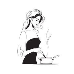 Black and White Illustration of Beautiful Woman Cooking in the Kitchen Minimalist Elegant Artwork Design
