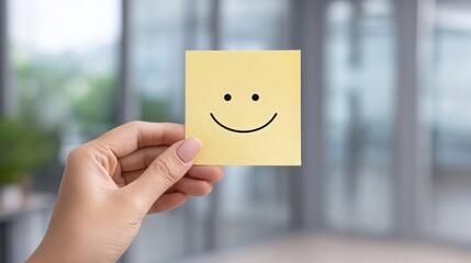 A hand holds a sticky note with a smiley face in a modern office setting.