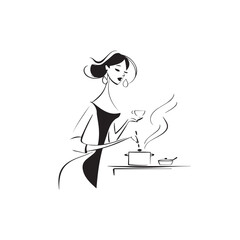 Black and White Illustration of Beautiful Woman Cooking in the Kitchen Minimalist Elegant Artwork Design
