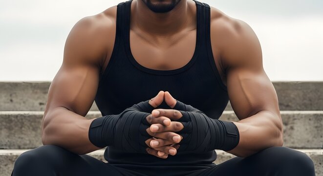 Focused Muscular Fitness: A determined individual, his body sculpted by rigorous training, embodying strength and dedication. The image conveys focus, healthy lifestyle.